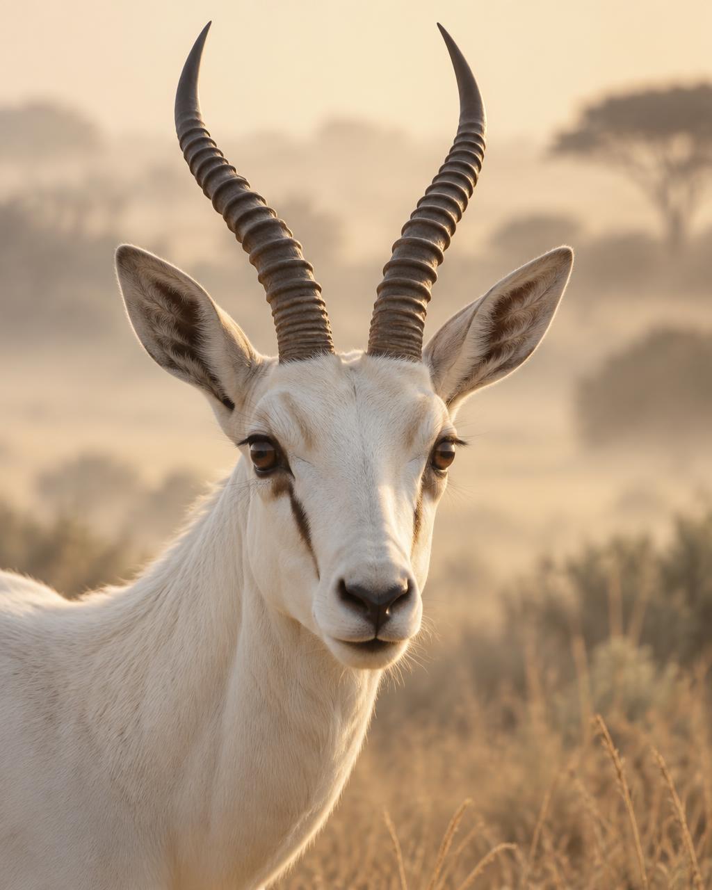 Close portrait of a white gazelle in soft dawn light